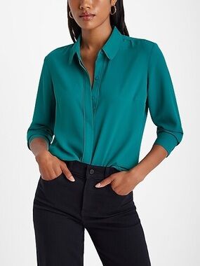 Express Georgette Portofino Blouse Forest Green Office Siren Button Up Top